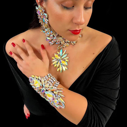 Rhinestone Flower Necklace Earrings and Bracelet Sets