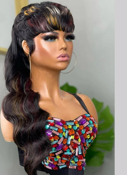 Mullet Wig Highlight Full Machine Made Wig With Bangs Glueless Brazilian Human