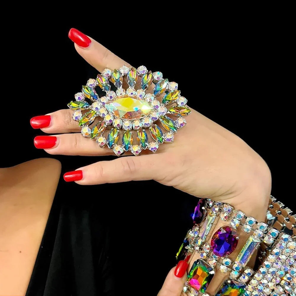 Colorful Crystal Rings Adjustable for Women Free Shipping Jewelry 2023 Large Drag Queen Rhinestone Exaggerate Ring Accessories