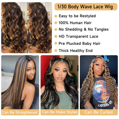 Ombre Lace Front Wig Human Hair 13x4 Glueless Wigs Pre Plucked pre cut Wear Go Glueless Wig 180% Density 1B/30 Body Wave