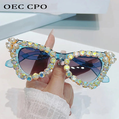 Shiny Diamonds Cat Eye Sunglasses Women 2023 Luxury Pearl Trends Punk Sun Glasses Female Shade UV400 Gradient Rhinestone Eyewear