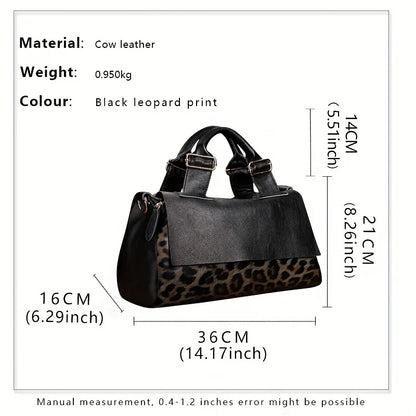 Leopard Pattern Flap Handbag, Double Handle Genuine Leather Bag