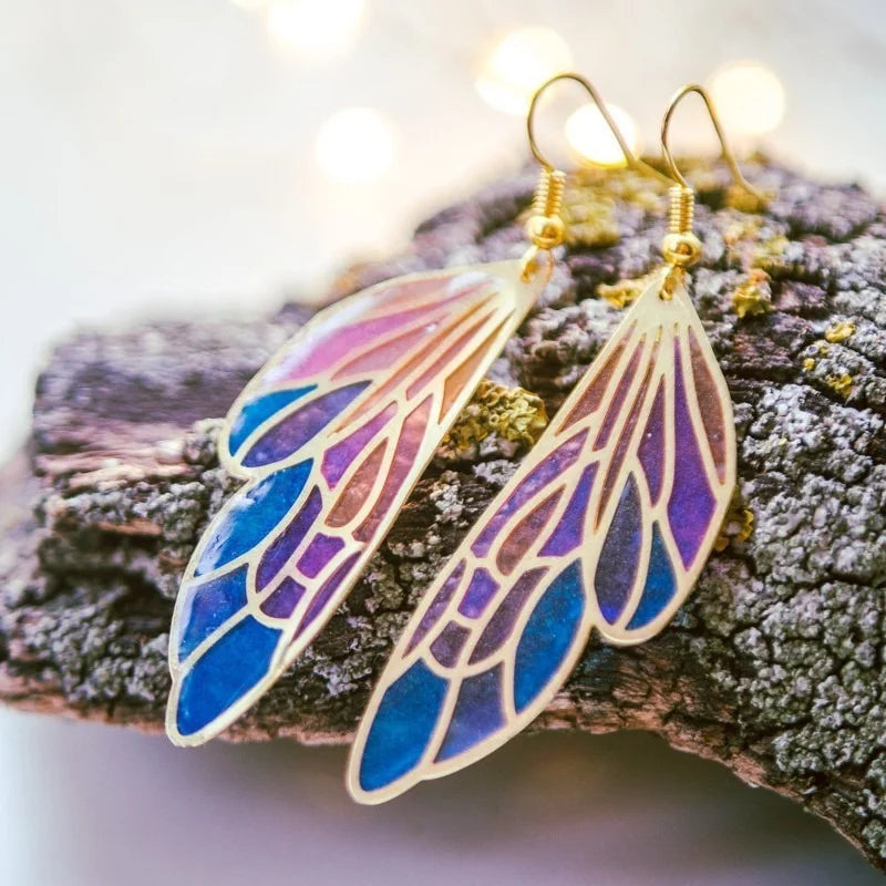 Iridescent Bohemia Fairy Wing Fantasy Gold Dangle Earrings