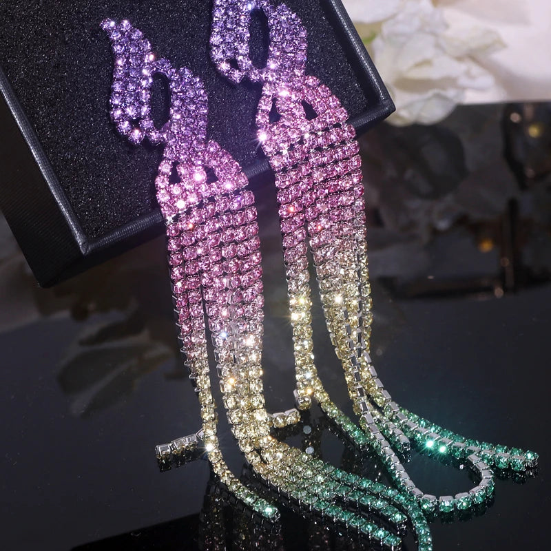 Sparkling Full Rhinestone Long Tassel Dangle Earrings