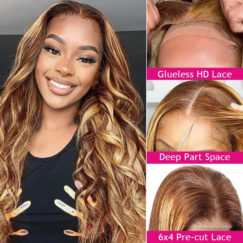 Honey Blonde Ombre Lace Front Glueless Wig Body Wave 13x6 HD Lace Frontal