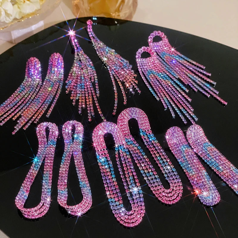 New Fashion Rhinestone Long Tassel Earrings for Women Europe Evening Party Crystal Drop Dangle Earings Wedding Bridal Jewelry