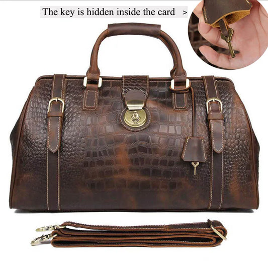 Vintage Crazy Horse Genuine Leather Mens Travel Bag With Lock Big Capacity Crocodile Travel Duffle Bag Male Carry On Luggage Bag