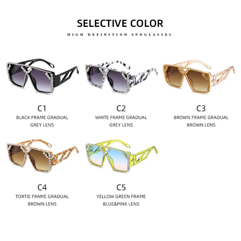 Fashion Vintage Sex Ladies Big Frame Square Diamond Sunglasses Women Luxury Crystal Sun Glasses For Female Rhinestone Eyewear