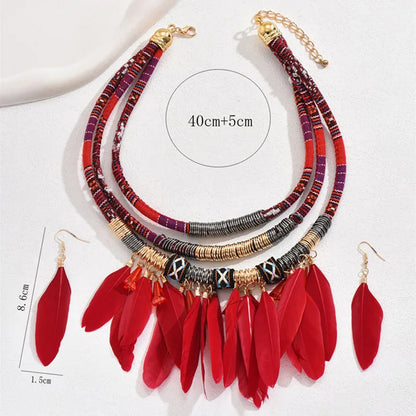 Fashion Vintage Ethnic Feather Choker Necklace Earrings Set