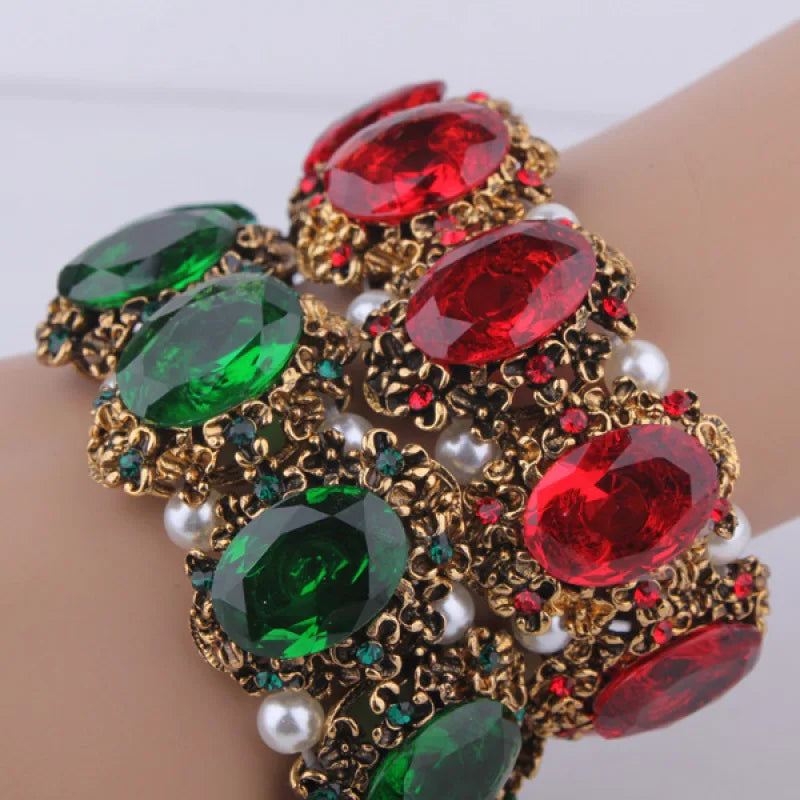 Women's Vintage Imitation Gem With Pearl Bracelet Elastic Bangles