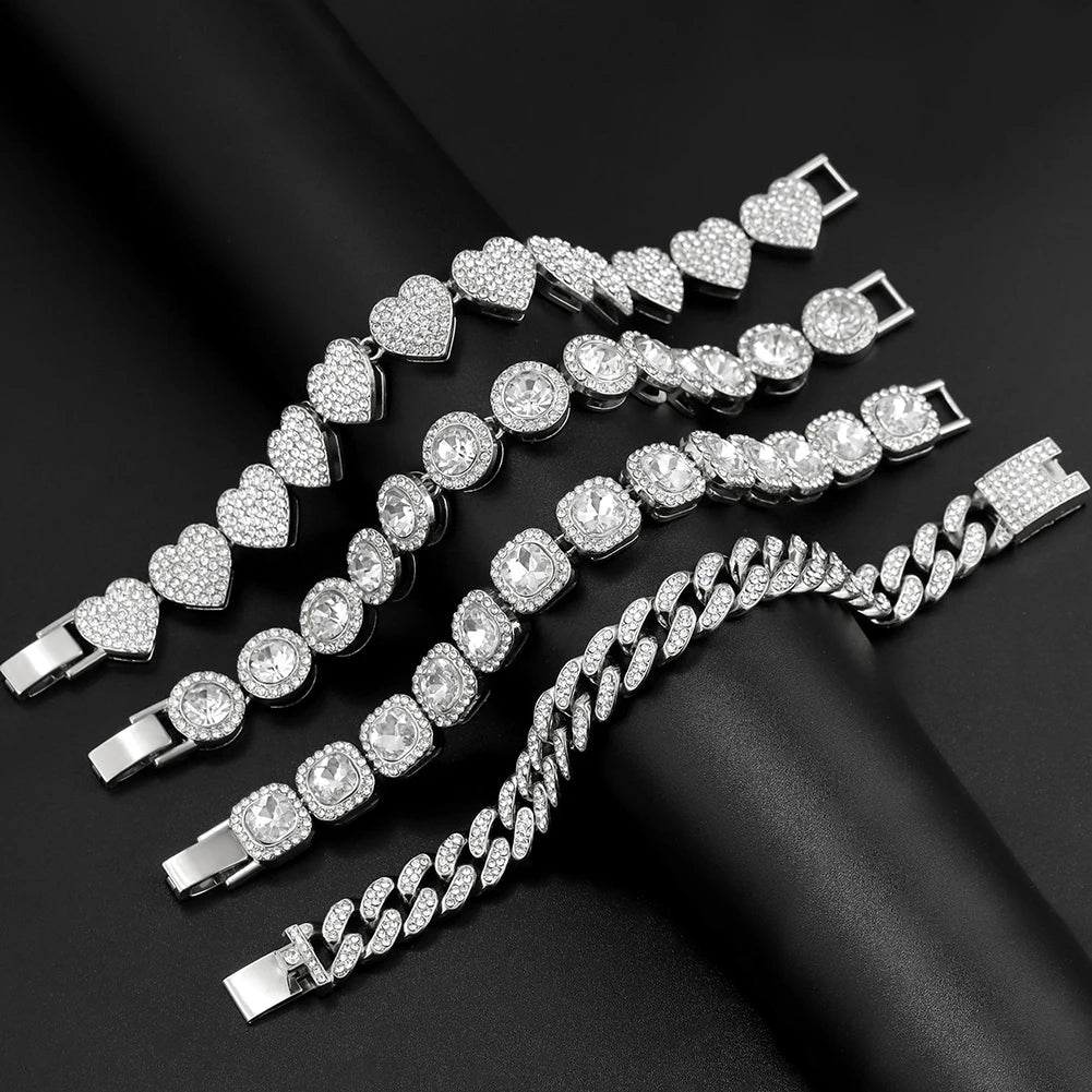 4Pcs Iced Out Chain Cuban Bracelet for Women Men Hip Hop Gold Silver Color Full Rhinestone Heart Circle Square Bracelet Jewelry