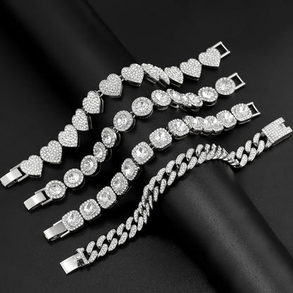 4Pcs Iced Out Chain Cuban Bracelet for Women Men Hip Hop Gold Silver Color Full Rhinestone Heart Circle Square Bracelet Jewelry