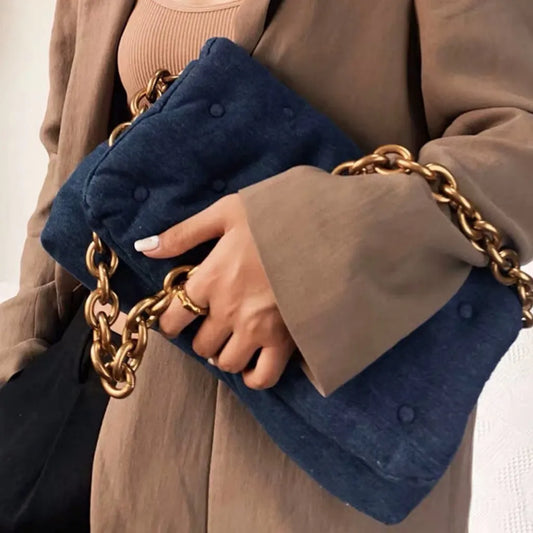 Fashion Designer Denim Padded Bag with Acrylic Chain