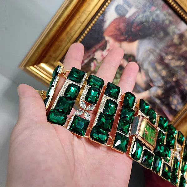 Vintage Ancient Style Court Heavy Industry Pure Copper Grandmother Green Zircon Crystal Women's Wide Bracelet Watch Bracelet