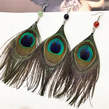 Retro ethnic peacock feather exaggerated flowing tassel earrings