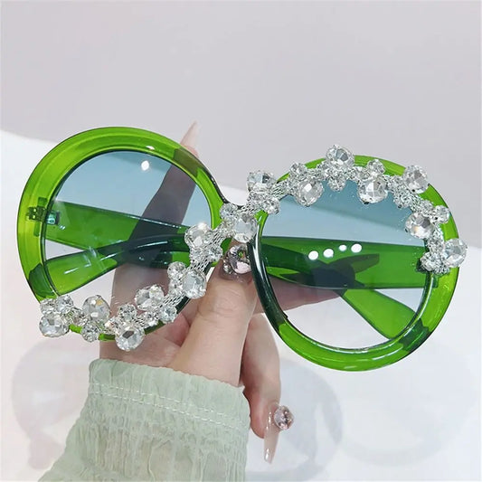 Oversized Round Frame Sunglasses Rhinestone Decor UV400 Protection Eyeglasses Asymmetrical Design Aesthetic Sun Glasses