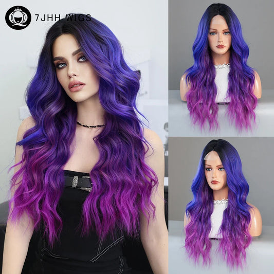 HD Transparent Lace Front Wig Blue Ombre Purple Body Wavy Wigs with Bangs
