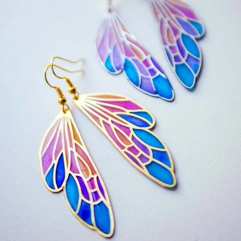 Iridescent Bohemia Fairy Wing Fantasy Gold Dangle Earrings