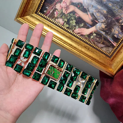 Vintage Ancient Style Court Heavy Industry Pure Copper Grandmother Green Zircon Crystal Women's Wide Bracelet Watch Bracelet