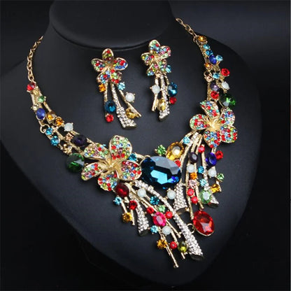 3AAA Crystal Flower Stained Glass Necklace Earring Set Wholesale Bridal Party Dress Jewelry