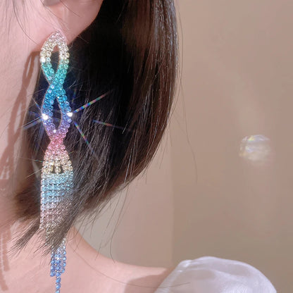 Luxury Bling Colorful Rhinestone Long Tassel Earrings