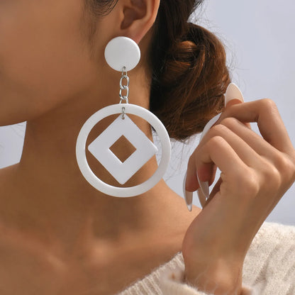 Exaggerated Long Chain Hollow Round Square White Acrylic Dangle Earrings