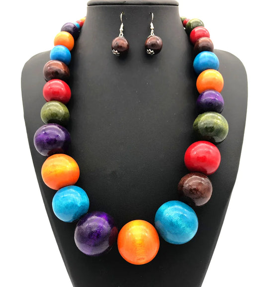 Ethic Style Wood Bead Necklace & Earrings Set