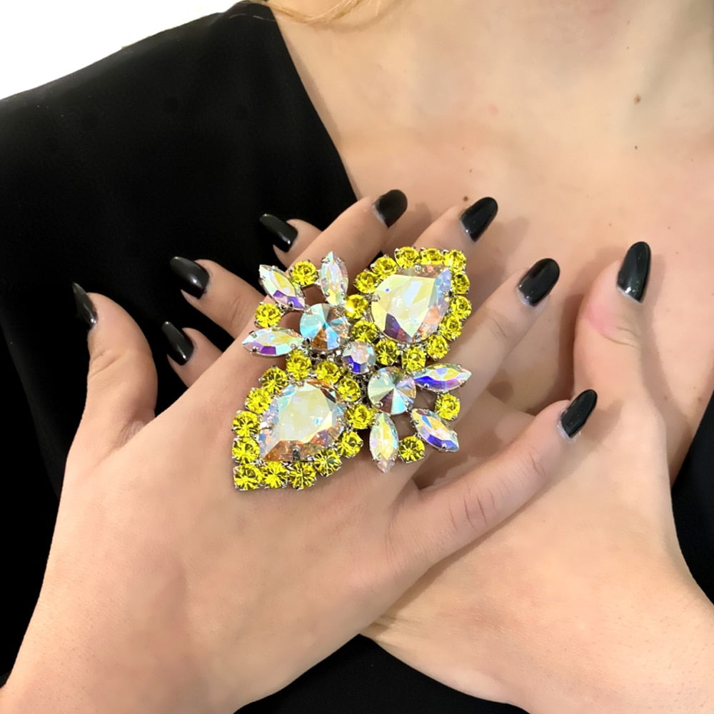 Luxury Purple Rhinestone Exaggerated Crystal Finger Ring Adjustable Jewelry