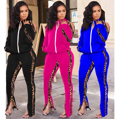 Women Suit Two-piece Leopard Print New Ladies Suit Warm Comfortable Stitching
