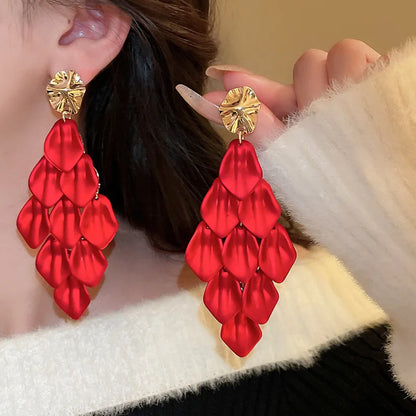 Petal Tassel Earrings for Women Exaggerated Design Light Luxury Drop Earrings Personalised High Sense Niche Red Jewelry Gift