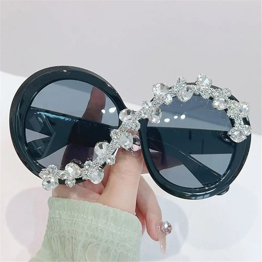 Oversized Round Frame Sunglasses Rhinestone Decor UV400 Protection Eyeglasses Asymmetrical Design Aesthetic Sun Glasses