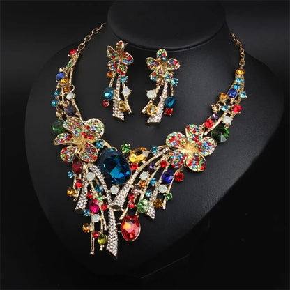 3AAA Crystal Flower Stained Glass Necklace Earring Set Wholesale Bridal Party Dress Jewelry