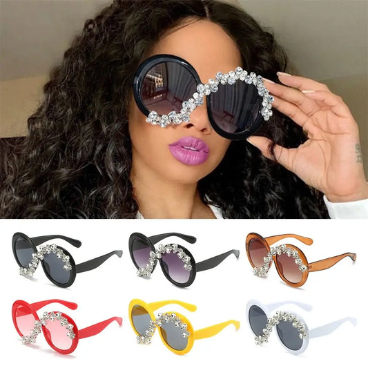 Rhinestone Decor Round Frame Sunglasses Oversized Asymmetrical Design Eyeglasses UV400 Protection Aesthetic Sun Glasses