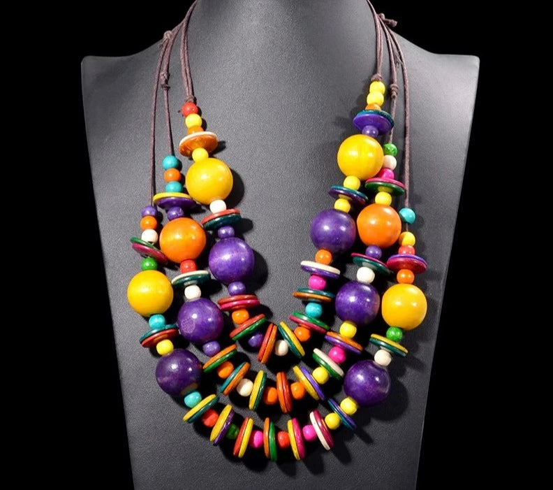 Ethnic Customs Multi Layer Handmade Big Bead Wood Necklace & Pendant Leather Chain