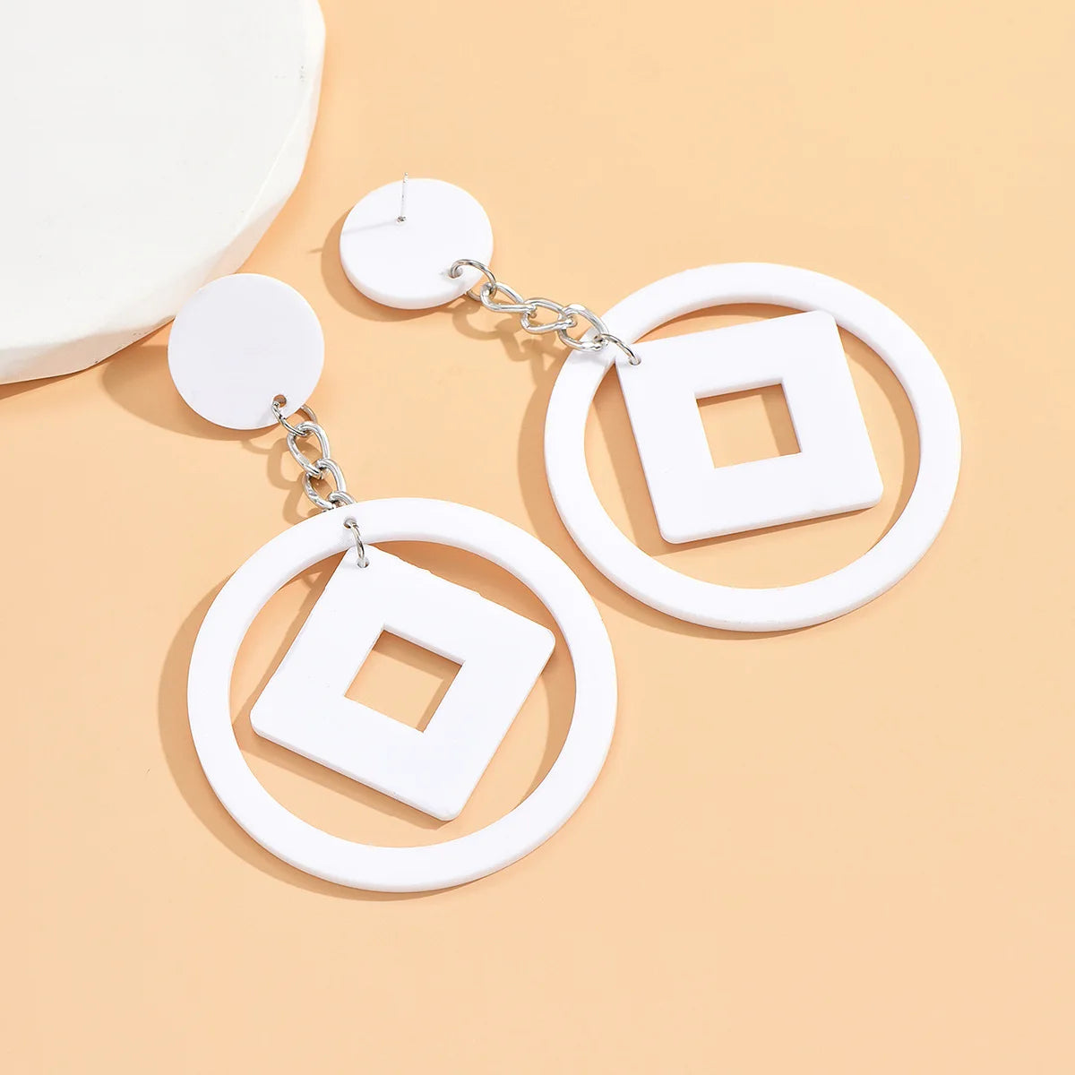 Exaggerated Long Chain Hollow Round Square White Acrylic Dangle Earrings