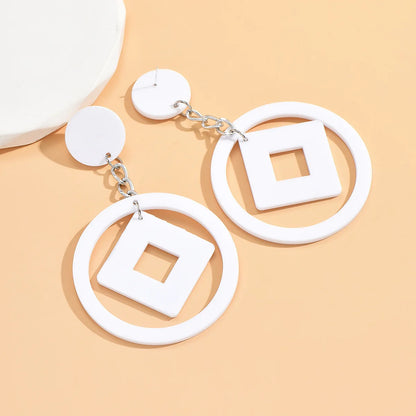 Exaggerated Long Chain Hollow Round Square White Acrylic Dangle Earrings