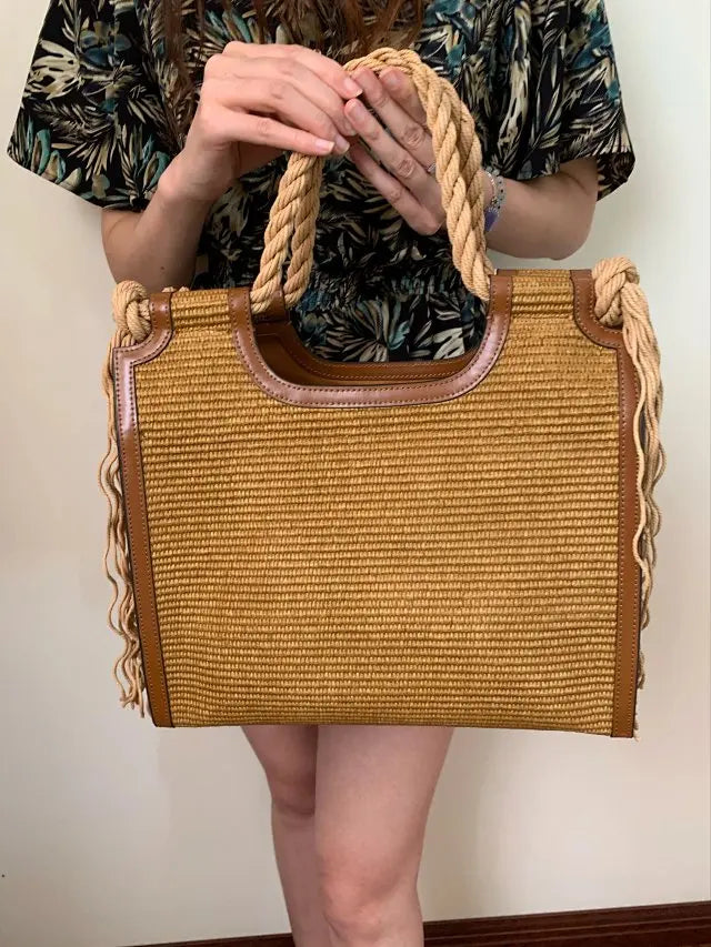 Straw Woven Tassel Hemp Tote Bag