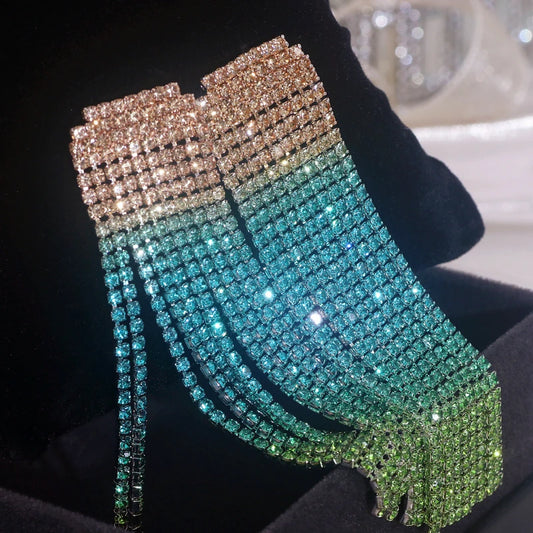 Sparkling Colorful Crystal Rhinestone Long Tassel Earrings