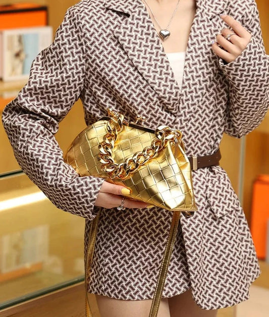 Luxury Woven Handbags Purse Gold Thick Chain