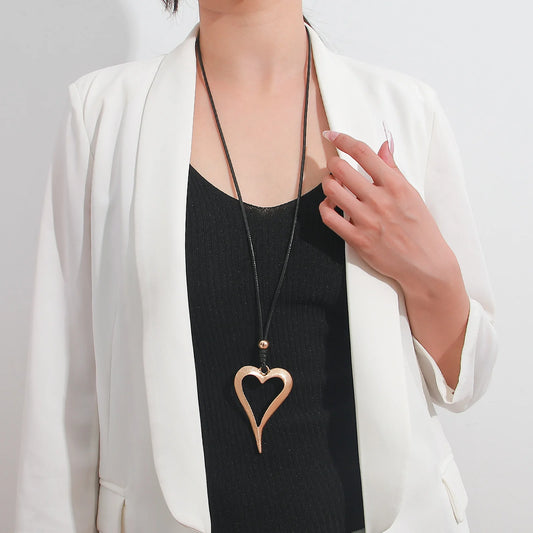 Gold Color Large Abstract Hollow Heart Pendant Collares Long Black Leather Statement Necklace