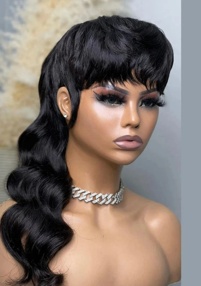 Mullet Wig Highlight Full Machine Made Wig With Bangs Glueless Brazilian Human