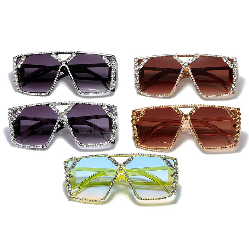 Fashion Vintage Sex Ladies Big Frame Square Diamond Sunglasses Women Luxury Crystal Sun Glasses For Female Rhinestone Eyewear