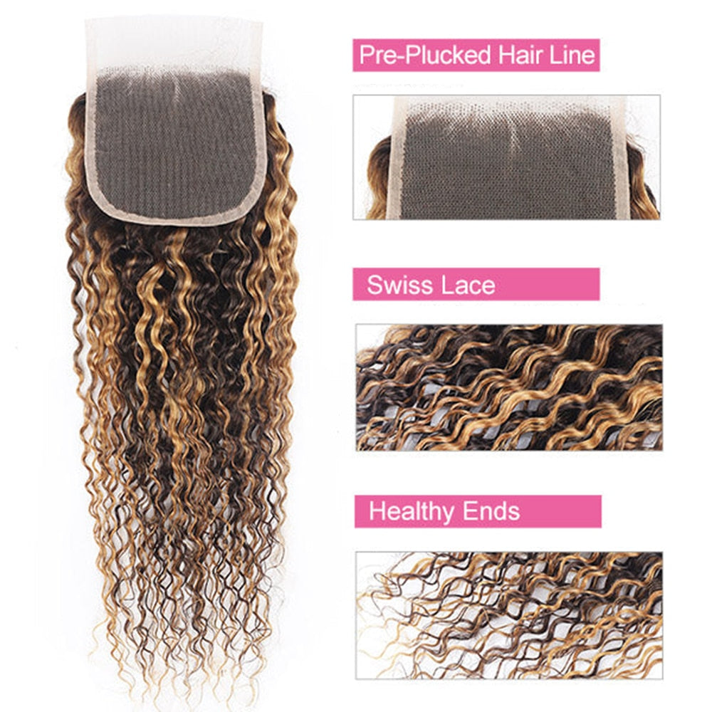 P4/27 Honey Blonde And Brown Jerry Curly Human Hair Bundles With 4x4 Lace Closure Peruvian Remy Hair Extention 220g/Set 10-24In