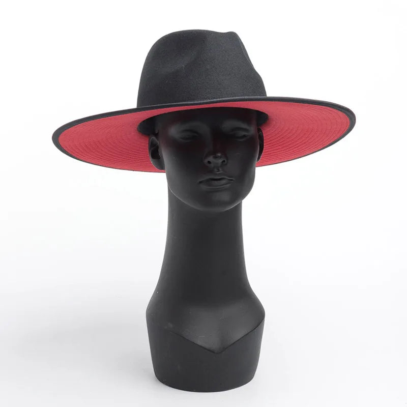 Classical Red Bottom Wide Brim Splice Two Tone Wool Fedora Hat