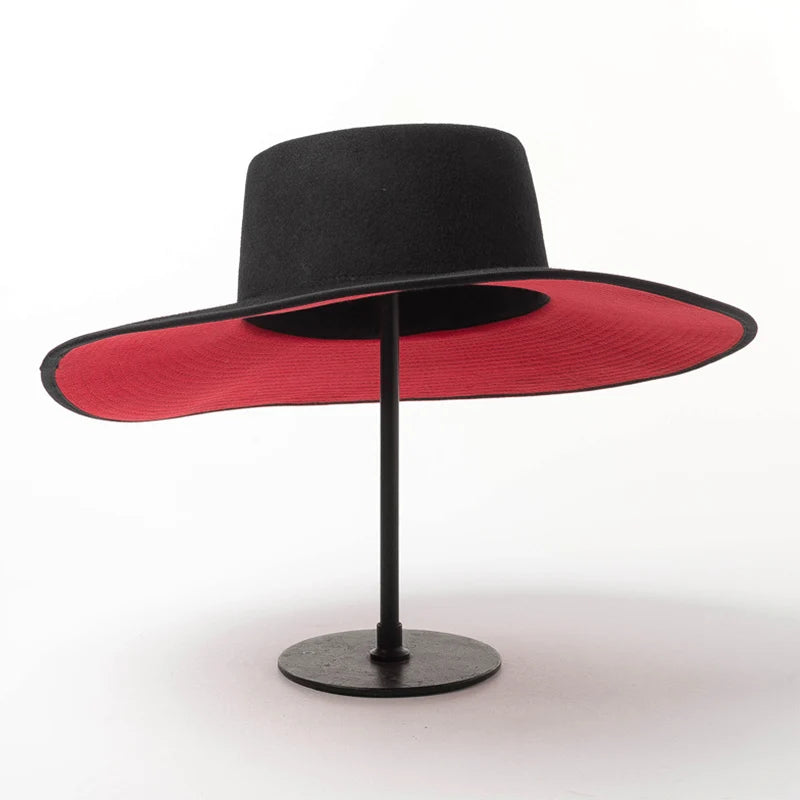 Classical Red Bottom Wide Brim Splice Two Tone Wool Fedora Hat