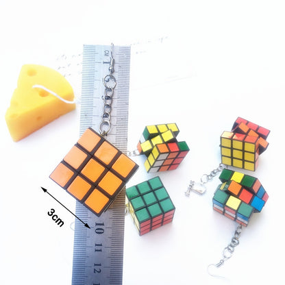 Donarsei Funny Resin 3D Magic Cube Drop Earrings For Women Colorful Geometric Speed Cube Dangle Earrings Novelty Jewelry