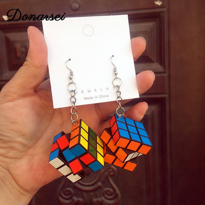 Donarsei Funny Resin 3D Magic Cube Drop Earrings For Women Colorful Geometric Speed Cube Dangle Earrings Novelty Jewelry