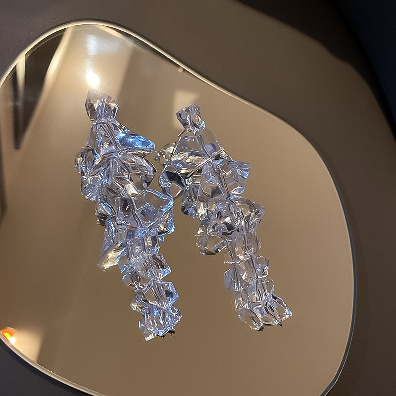 Vintage Hyperbole Long Tassels Irregular Transparent Acrylic Ice Drop Earrings For Women Wedding Party Jewelry