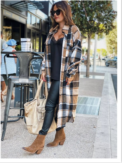 Womens Fashion Long Plaid Coat Autumn Shirt Coat Woolen Coat Streetwear