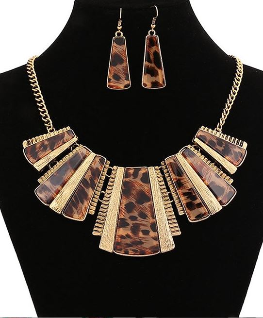 Goldtone & Leopard Status Necklace & Earrings